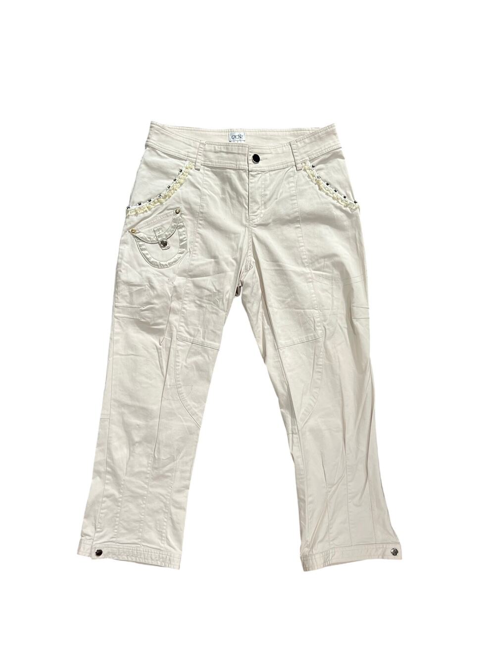 Caché Tan Cargo Pants Size 4 Embellished Satin Trim Stretch Utility Style
